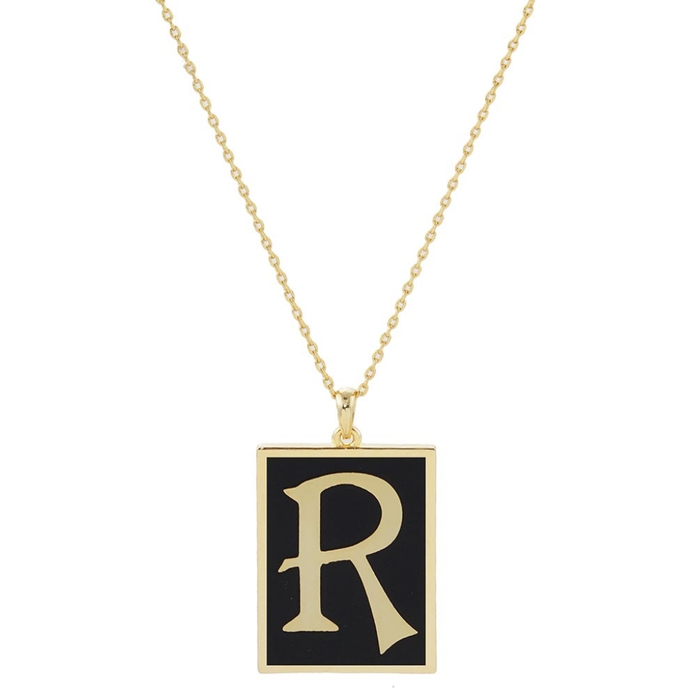 Black and Gold R Monogram Pendant Rectangle Frame Chain Necklace Initial Jewelry